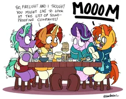 Size: 2264x1775 | Tagged: safe, artist:bobthedalek, derpibooru import, firelight, starlight glimmer, stellar flare, sunburst, pony, unicorn, beard, bed mane, bread, breakfast, clothes, cup, facial hair, father and daughter, female, food, funny, glasses, implied starburst, male, mare, messy mane, mother and son, robe, scroll, shipper flare, shipper on deck, signature, simple background, sitting, stallion, subtle as a train wreck, table, teacup, teapot, that pony sure does want grandfoals, toast, white background