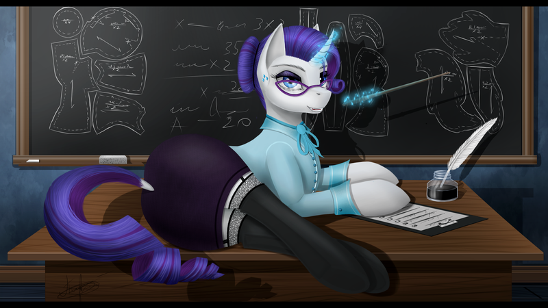 Size: 3920x2205 | Tagged: suggestive, artist:dezdark, derpibooru import, rarity, pony, unicorn, school daze, chalkboard, clipboard, clothes, desk, dock, female, glasses, glowing horn, magic, mare, plot, prone, schoolmarm rarity, skirt, telekinesis, tube skirt