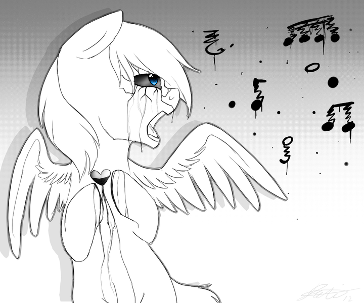 Size: 1200x1000 | Tagged: semi-grimdark, artist:darkaiya, derpibooru import, pegasus, pony, blood, crying, heart, heartbreak, monochrome, sad, singing, solo