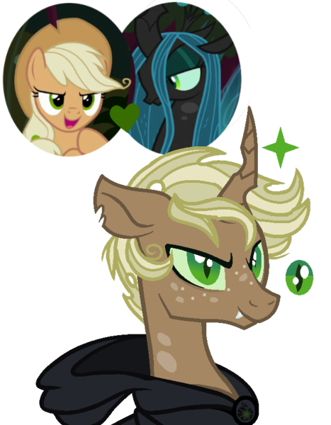 Size: 656x842 | Tagged: artist:superrosey16, changepony, clone, derpibooru import, magical lesbian spawn, male, mean applejack, oc, oc:rotting core, offspring, parent:mean applejack, parent:queen chrysalis, parents:chrysajack, queen chrysalis, safe, simple background, the mean 6, transparent background