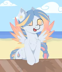 Size: 966x1134 | Tagged: safe, artist:rhythmpixel, derpibooru import, oc, oc:seashore swirl, unofficial characters only, pegasus, pony, beach, braid, braided ponytail, braided tail, chest fluff, cloud, colored wings, cutie mark, ear fluff, female, happy, hooves, lineless, mare, open mouth, solo, spread wings, wings