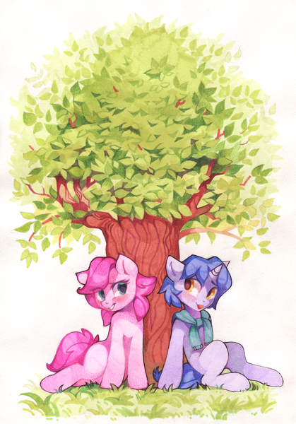 Size: 893x1280 | Tagged: safe, artist:lispp, derpibooru import, oc, oc:bender watt, oc:holivi, unofficial characters only, pony, unicorn, cute, female, gift art, male, mare, ocbetes, smiling, tree