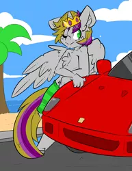 Size: 2550x3300 | Tagged: alicorn, alicorn oc, anthro, artist:bbsartboutique, beach, derpibooru import, ferrari, ferrari f40, oc, oc:royal radiance, one eye closed, plantigrade anthro, safe, smiling, trotcon, wink