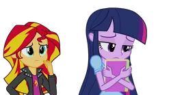 Size: 1280x714 | Tagged: safe, artist:superbobiann, derpibooru import, editor:superbobiann, sunset shimmer, twilight sparkle, equestria girls, rainbow rocks, book, hug, sad, simple background, transparent background