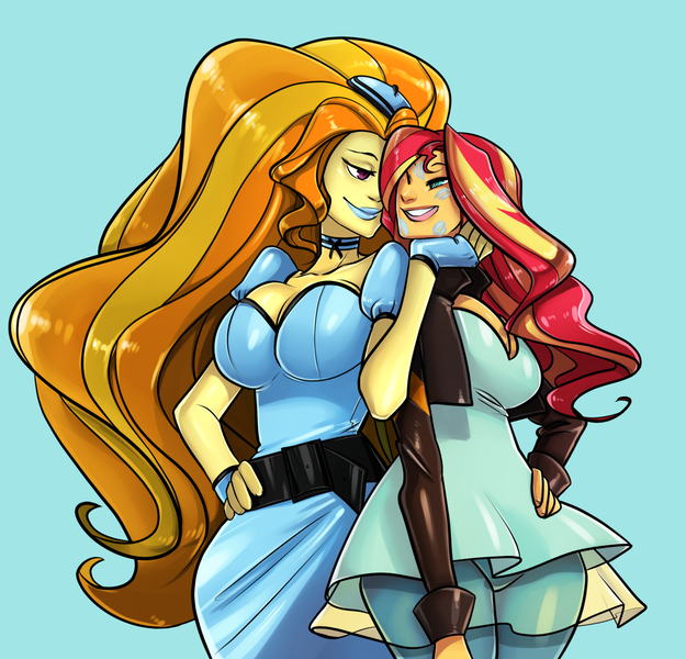 Size: 1280x1228 | Tagged: safe, artist:srasomeone, derpibooru import, adagio dazzle, sunset shimmer, human, fanfic:her way with words, equestria girls, adagio dazzle gets around, belt, beret, big breasts, blue lipstick, breasts, busty adagio dazzle, busty sunset shimmer, choker, cleavage, clothes, dress, fanfic art, female, hat, heart eyes, hypnosis, kiss mark, kiss on the cheek, kissing, latex, latex dress, lesbian, lipstick, shipping, sunsagio, wingding eyes