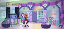Size: 3840x1756 | Tagged: safe, artist:spike fancy, derpibooru import, rarity, sunset shimmer, equestria girls, equestria girls series, boots, carousel boutique, clothes, equestria girls logo, fashion photo booth, female, geode of empathy, geode of shielding, high heel boots, high heels, jacket, one eye closed, shoes, skirt, smiling, wink