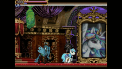Size: 640x360 | Tagged: safe, derpibooru import, princess celestia, queen chrysalis, alicorn, changeling, changeling queen, unicorn, animated, bipedal, castlevania, castlevania: dawn of sorrow, cocoon, falcon punch, fangame, female, game, gif, male, mare, painting, ponyvania, punch, stallion, throne room, video at source, youtube link