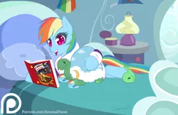 Size: 900x582 | Tagged: artist:jenessa dunn, bathrobe, bed, bedroom, blanket, book, clothes, daring do, dashie slippers, derpibooru import, lamp, nightstand, patreon, patreon logo, pennant, pillow, rainbow dash, robe, safe, signature, slippers, tank, tank slippers