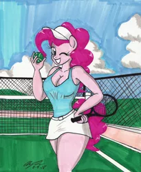 Size: 2017x2462 | Tagged: adorasexy, anthro, artist:newyorkx3, breasts, busty pinkie pie, cleavage, clothes, curvy, cute, derpibooru import, female, miniskirt, pinkie pie, safe, sexy, skirt, solo, sports, tennis, tennis racket, thighs, traditional art