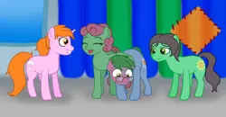 Size: 1500x778 | Tagged: safe, artist:phallen1, derpibooru import, oc, oc:maya northwind, oc:sadie michaels, oc:software patch, oc:windcatcher, unofficial characters only, earth pony, pegasus, pony, unicorn, atg 2018, blushing, blushing profusely, conversation, eyes closed, foreleg around shoulder, glasses, grin, newbie artist training grounds, patch, smiling, windpatch