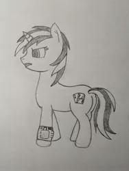 Size: 3036x4048 | Tagged: safe, artist:risen_warrior, derpibooru import, oc, oc:blackjack, unofficial characters only, pony, unicorn, fallout equestria, fanfic, black and white, fanfic art, female, grayscale, gritted teeth, hooves, horn, mare, monochrome, pipbuck, simple background, sketch, solo, traditional art, white background