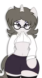 Size: 2838x5265 | Tagged: suggestive, artist:digiqrow, deleted from derpibooru, derpibooru import, oc, oc:solaria, unofficial characters only, pony, semi-anthro, unicorn, belly button, clothes, female, glasses, looking at you, shirt, shirt lift, simple background, skirt, skirt lift, solo, solo female, stockings, thigh highs, transparent background, zettai ryouiki