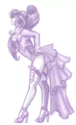 Size: 1340x2200 | Tagged: artist:blueteardrop, breasts, derpibooru import, female, frilly, high heels, horned humanization, human, humanized, monochrome, ponytail, rarity, shoes, showgirl, suggestive