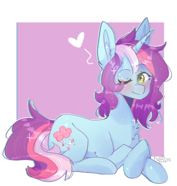 Size: 1503x1578 | Tagged: safe, artist:emily-826, derpibooru import, oc, oc:rainbow kitty, unofficial characters only, pony, unicorn, female, mare, one eye closed, prone, simple background, solo, transparent background, wink