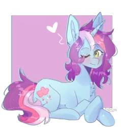 Size: 1503x1578 | Tagged: safe, artist:emily-826, derpibooru import, oc, oc:rainbow kitty, unofficial characters only, pony, unicorn, female, mare, one eye closed, prone, simple background, solo, transparent background, wink