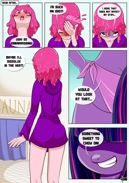 Size: 2480x3507 | Tagged: adventure time, anthro, artist:pixelboy, bikini, bikini bottom, clothes, comic, comic:princess day off, crossover, derpibooru import, imminent sex, implied crossover shipping, implied lesbian, implied shipping, princess bubblegum, robe, spa, suggestive, swimsuit, twilight sparkle