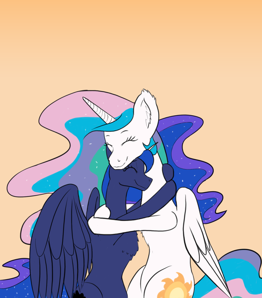 Size: 1500x1707 | Tagged: alicorn, artist:alloco, chest fluff, derpibooru import, duo, ear fluff, eyes closed, female, gradient background, happy, hug, mare, princess celestia, princess luna, safe, simple background, sisters, smiling