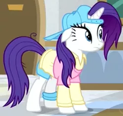 Size: 391x370 | Tagged: safe, derpibooru import, screencap, rarity, pony, unicorn, friendship university, alternate hairstyle, backwards ballcap, baseball cap, cap, clothes, cropped, eyeshadow, female, hat, makeup, mare, plainity, solo