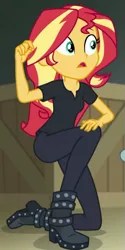 Size: 345x688 | Tagged: safe, derpibooru import, screencap, sunset shimmer, all the world's off stage, equestria girls, equestria girls series, boots, cropped, director shimmer, female, kneeling, shoes, solo