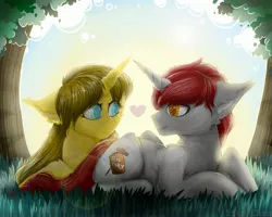 Size: 2560x2048 | Tagged: safe, artist:rico_chan, derpibooru import, oc, oc:ayza, oc:madness, unofficial characters only, pony, unicorn, digital art, duo, ear fluff, female, grass, heart, heart eyes, high res, looking at each other, love, male, mare, oc x oc, prone, shipping, signature, sitting, stallion, straight, tree, wingding eyes, ych result