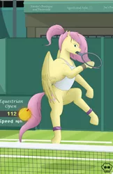 Size: 3300x5100 | Tagged: safe, artist:mighty-muffins, derpibooru import, fluttershy, pony, clothes, female, leg band, logo, mouth hold, shading, shirt, sign, signature, solo, sports, tanktop, tennis, tennis ball, tennis court, tennis racket, wrist tape