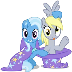 Size: 3200x3200 | Tagged: safe, artist:cheezedoodle96, derpibooru import, derpy hooves, trixie, pegasus, pony, unicorn, a matter of principals, .svg available, cape, clothes, cute, derpabetes, diatrixes, duo, female, hat, looking at you, magic trick, mare, out of trixie's hat, raspberry, scene interpretation, silly, silly pony, simple background, smiling, svg, tongue out, transparent background, trixie's cape, trixie's hat, vector, waving
