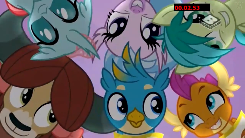 Size: 1920x1080 | Tagged: safe, derpibooru import, screencap, gallus, ocellus, sandbar, silverstream, smolder, yona, changedling, changeling, dragon, gryphon, hippogriff, pony, yak, friendship university, boomerang (tv channel), cute, diaocelles, diastreamies, gallabetes, happy, looking at each other, sandabetes, smolderbetes, student six, yonadorable