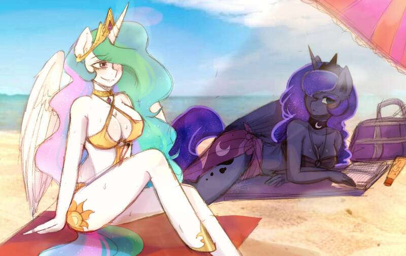 Size: 1902x1204 | Tagged: alicorn, anthro, artist:riukime, beach, beach towel, beach umbrella, bikini, black swimsuit, book, breasts, busty princess celestia, busty princess luna, cleavage, clothes, derpibooru import, erect nipples, female, gold swimsuit, nipple outline, o-ring swimsuit, princess celestia, princess luna, royal sisters, sand, sarong, siblings, sisters, sitting, suggestive, summer, sunscreen, swimsuit, unguligrade anthro