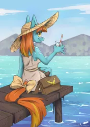Size: 1400x1983 | Tagged: safe, artist:lonerdemiurge_nail, derpibooru import, oc, oc:swift note, unofficial characters only, anthro, unicorn, cloud, cup, detailed background, drink, female, freckles, gauge, hat, looking at you, looking back, messenger bag, mountain, mountain range, pier, piercing, sitting, sky, smiling, solo, straw, sun hat, tail wrap, water, wood