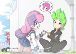 Size: 4093x2894 | Tagged: safe, artist:ryured, derpibooru import, apple bloom, scootaloo, spike, sweetie belle, human, chopsticks, clothes, cutie mark crusaders, female, food, hammer, human spike, humanized, jealous, male, school uniform, scootaspike, shipping, sledgehammer, smiling, spikebelle, straight, thought bubble