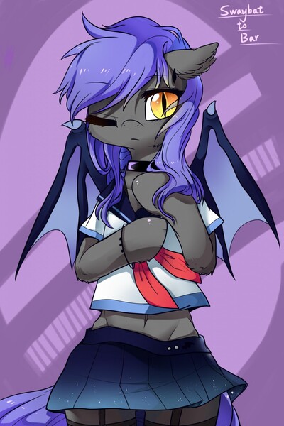 Size: 853x1280 | Tagged: safe, artist:swaybat, derpibooru import, oc, oc:bar, unofficial characters only, anthro, bat pony, bat pony oc, belly button, clothes, cute, female, garter belt, garters, midriff, miniskirt, moe, one eye closed, pleated skirt, sailor uniform, skirt, socks, solo, thigh highs, wink, zettai ryouiki