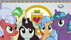 Size: 1024x576 | Tagged: safe, derpibooru import, screencap, dusty swift, fat stacks, saturn (character), silver waves, sprout greenhoof, earth pony, pegasus, pony, unicorn, friendship university, background pony, boomerang (tv channel), cute, female, las pegasus resident, male, mare, stallion