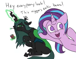 Size: 1000x785 | Tagged: safe, artist:slamjam, derpibooru import, queen chrysalis, starlight glimmer, changeling, changeling queen, pony, unicorn, abuse, beans, chrysabuse, crying, eating, eating beans, female, floppy ears, food, frown, glowing horn, humiliation, levitation, lidded eyes, magic, mare, meme, nigga, open mouth, pointing, raised hoof, sad, simple background, smiling, spoon, telekinesis, this is why chrysalis can't enjoy her beans, tin can, underhoof, vulgar, wat, white background