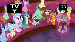 Size: 1920x1080 | Tagged: safe, derpibooru import, screencap, auburn vision, berry blend, berry bliss, citrine spark, cozy glow, fire quacker, gallus, huckleberry, november rain, ocellus, peppermint goldylinks, sandbar, silverstream, smolder, yona, changedling, changeling, classical hippogriff, dragon, earth pony, gryphon, hippogriff, pegasus, pony, unicorn, yak, a matter of principals, amulet, amulet of aurora, azurantium, bow, cloven hooves, dragoness, female, filly, friendship student, hair bow, jewelry, magic, male, monkey swings, necklace, notebook, school of friendship, stallion, student six, teenager, telekinesis