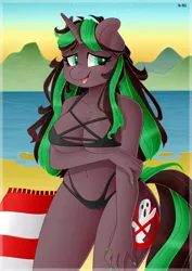 Size: 1024x1448 | Tagged: suggestive, artist:sk-ree, derpibooru import, oc, oc:ghost hunter, unofficial characters only, anthro, unicorn, anthro oc, beach, bikini, blushing, breasts, clothes, commission, digital art, female, mare, nail polish, open mouth, signature, smiling, solo, solo female, swimsuit, water