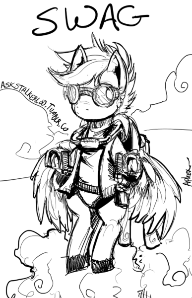 Size: 452x700 | Tagged: safe, artist:aphexangel, derpibooru import, scootaloo, pony, ask stalkerloo, goggles, monochrome, solo, steampunk