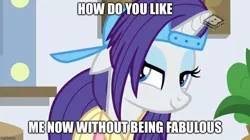 Size: 888x499 | Tagged: safe, derpibooru import, edit, edited screencap, screencap, rarity, pony, unicorn, friendship university, alternate hairstyle, backwards ballcap, baseball cap, bedroom eyes, cap, caption, clothes, eyeshadow, female, hat, image macro, makeup, mare, meme, not fabulous, plainity, plant, solo