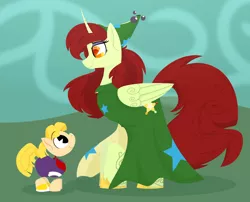 Size: 1932x1563 | Tagged: safe, artist:binkyt11, derpibooru import, ponified, alicorn, earth pony, pony, atg 2018, bandana, betilla, body markings, clothes, colt, crossover, dress, female, foal, hooves, horn, limbless, lineless, looking at each other, male, mare, mother and son, newbie artist training grounds, pacman eyes, rayman, smiling, solo, wings