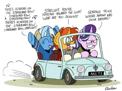 Size: 2423x1819 | Tagged: safe, artist:bobthedalek, derpibooru import, starlight glimmer, sunburst, trixie, pony, unicorn, angry, car, clothes, costume, driving, fake ears, fiat, fiat 500, map, singing, song reference, star trek, this will end in death, this will end in pain