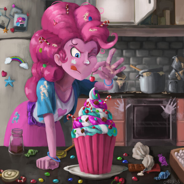 Size: 1024x1024 | Tagged: safe, artist:dehon, artist:erlanderson, derpibooru import, pinkie pie, equestria girls, candy, cherry, collaboration, cupcake, food, kitchen, one eye closed, solo, sweets, tongue out