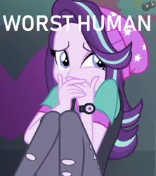 Size: 774x872 | Tagged: safe, derpibooru import, edit, edited screencap, screencap, starlight glimmer, equestria girls, mirror magic, spoiler:eqg specials, abuse, background pony strikes again, beanie, downvote bait, drama, glimmerbuse, hat, op isn't even trying anymore, sad, scaredy glimmer, starlight drama, worst human, worst pony
