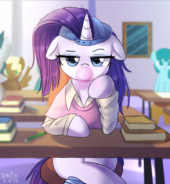 Size: 1016x1098 | Tagged: safe, artist:tcn1205, derpibooru import, rarity, pegasus, pony, unicorn, friendship university, alternate hairstyle, backwards ballcap, baseball cap, book, bored, bubblegum, cap, chair, clothes, desk, female, food, gum, hat, male, mare, pencil, plainity, rarity is not amused, shirt, sitting, solo focus, stallion, unamused