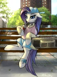 Size: 1347x1800 | Tagged: safe, artist:pony-way, derpibooru import, rarity, pony, unicorn, friendship university, alternate hairstyle, backwards ballcap, baseball cap, bench, boombox, cap, cassette player, clothes, cup, drinking, female, hat, irl, looking at you, mare, photo, plainity, ponies in real life, radio, shirt, shorts, sitting, sketch, solo, tree