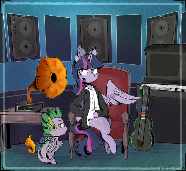 Size: 2245x2059 | Tagged: safe, artist:urbanqhoul, derpibooru import, spike, twilight sparkle, twilight sparkle (alicorn), alicorn, dragon, pony, chair, clothes, duo, female, guitar, male, mare, piano, sitting, speakers, suit, winged spike