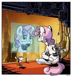 Size: 858x901 | Tagged: safe, artist:z-y-c, derpibooru import, sweetie belle, robot, unicorn, creepy, crying, cyberpunk, cyberpunk 2077, female, filly, sweetie bot