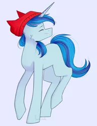 Size: 1280x1661 | Tagged: safe, artist:cupofvanillatea, derpibooru import, oc, pony, unicorn, beanie, blue background, eyes closed, female, hat, mare, simple background, solo