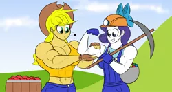 Size: 1536x824 | Tagged: abs, apple, applejack, applejacked, artist:matchstickman, barrel, biceps, clothes, cowboy hat, derpibooru import, duo, duo female, female, flexing, food, gem, gloves, hat, hill, human, humanized, miner, muscles, muscular female, overalls, pickaxe, rarity, ribbon, ripped rarity, safe, shoulder bag, smiling, stetson, whistling