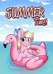 Size: 1970x2752 | Tagged: safe, artist:sonigiraldo, derpibooru import, oc, oc:bay breeze, unofficial characters only, flamingo, pegasus, pony, blushing, bow, cloud, cute, female, floaty, hair bow, inflatable, inflatable toy, looking at you, mare, ocean, pool toy, sky, text