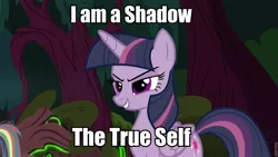 Size: 960x540 | Tagged: alicorn, clone, derpibooru import, edit, edited screencap, everfree forest, evil grin, evil rainbow dash, grin, image macro, mean rainbow dash, mean twilight sparkle, meme, persona, persona 4, safe, screencap, shadow, sinister, smiling, smirk, the mean 6