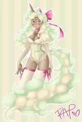 Size: 672x1000 | Tagged: safe, artist:rap1993, derpibooru import, oc, oc:mint creame, unofficial characters only, anthro, unicorn, abstract background, blushing, bow, breasts, cleavage, clothes, digital art, female, hair bow, looking at you, mare, signature, socks, solo, thigh highs